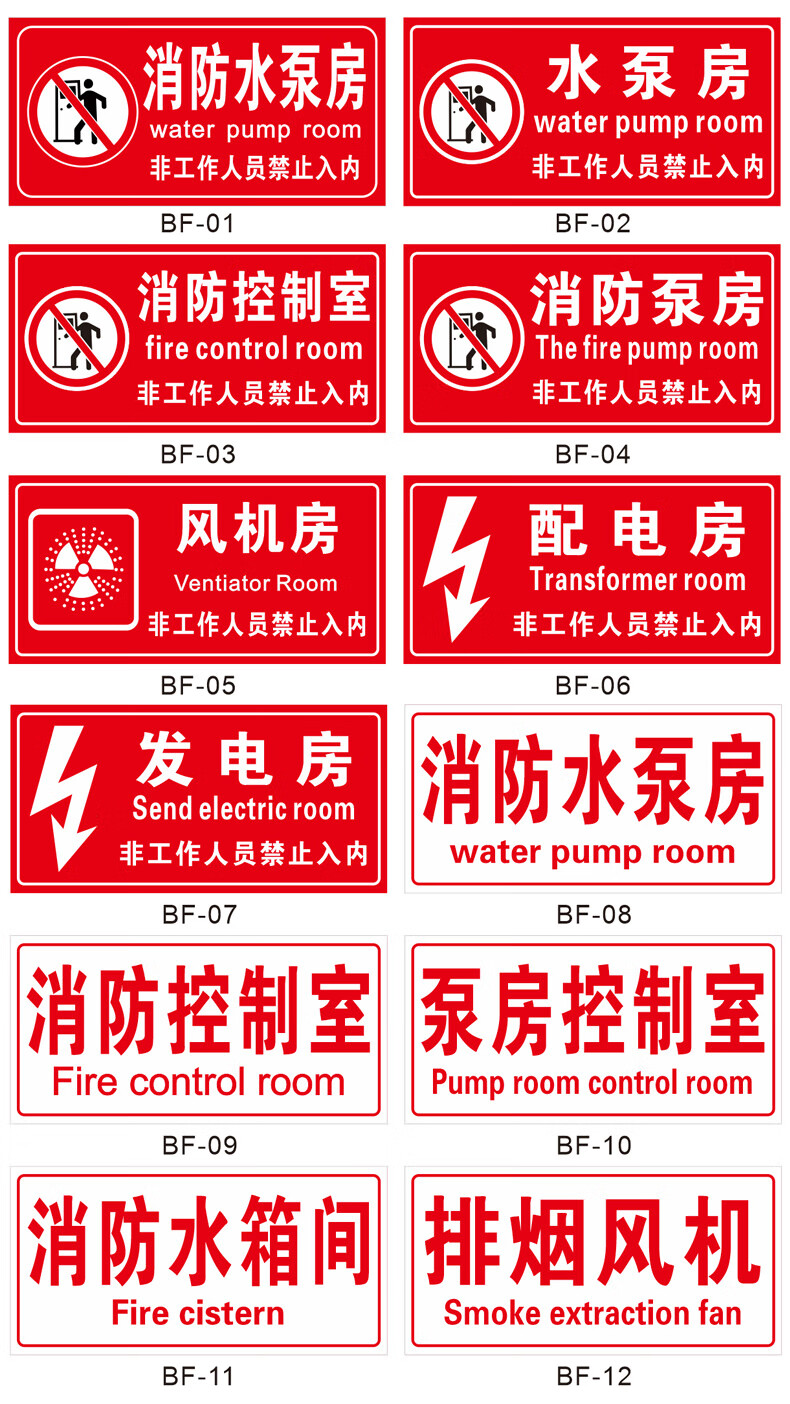可狄消泵房标识控制室标志标示有电危险配电室排烟风机房电梯机房燃气