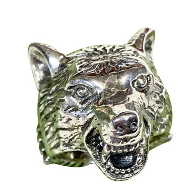 gucci古驰 925银 复古做旧狼头雕刻戒指 银色 16【图片 价格 品牌