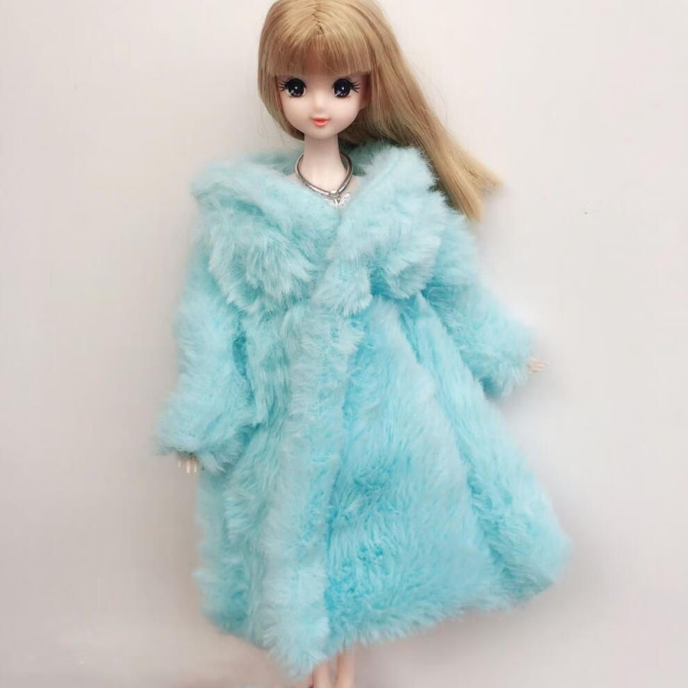 30厘米芭比娃娃衣服配件系列毛绒大衣换装公主灰姑娘玩具时装礼物蓝色