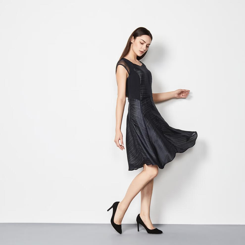 玫而美meiermei连衣裙短袖中长款夏季雪纺条纹a摆休闲圆领专柜同款