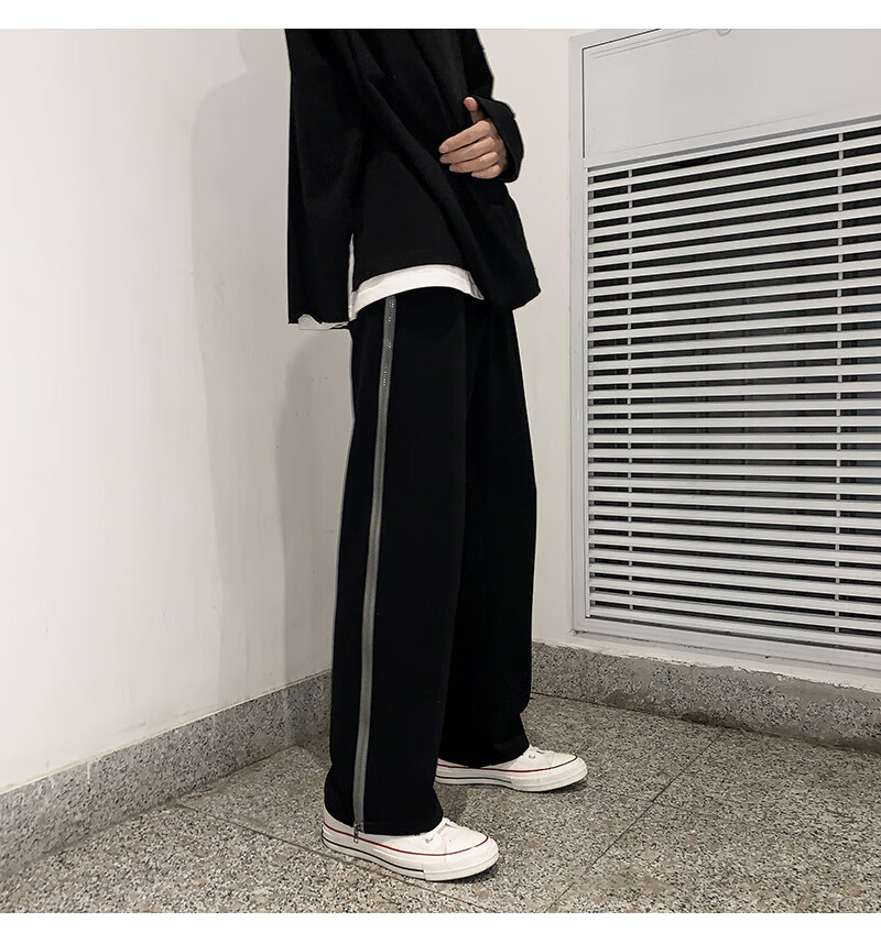 侧开口运动裤两侧拉链秋季新款灰色男宽松直筒侧面阔腿裤子韩版潮流