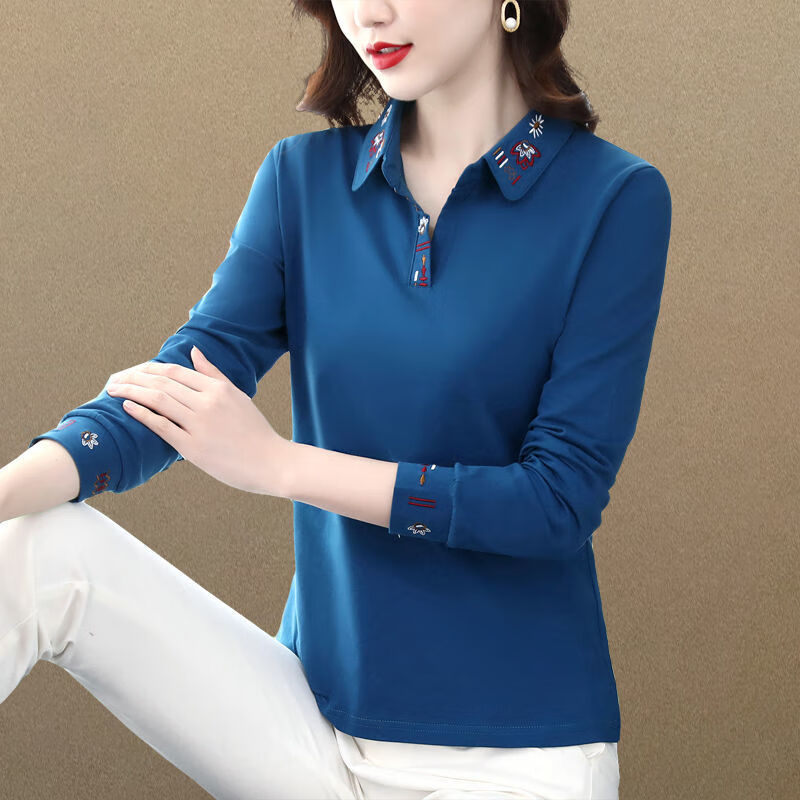 夏季短袖t恤女上衣短袖棉t恤女夏装中年人绣花polo衫新款2022年妈妈