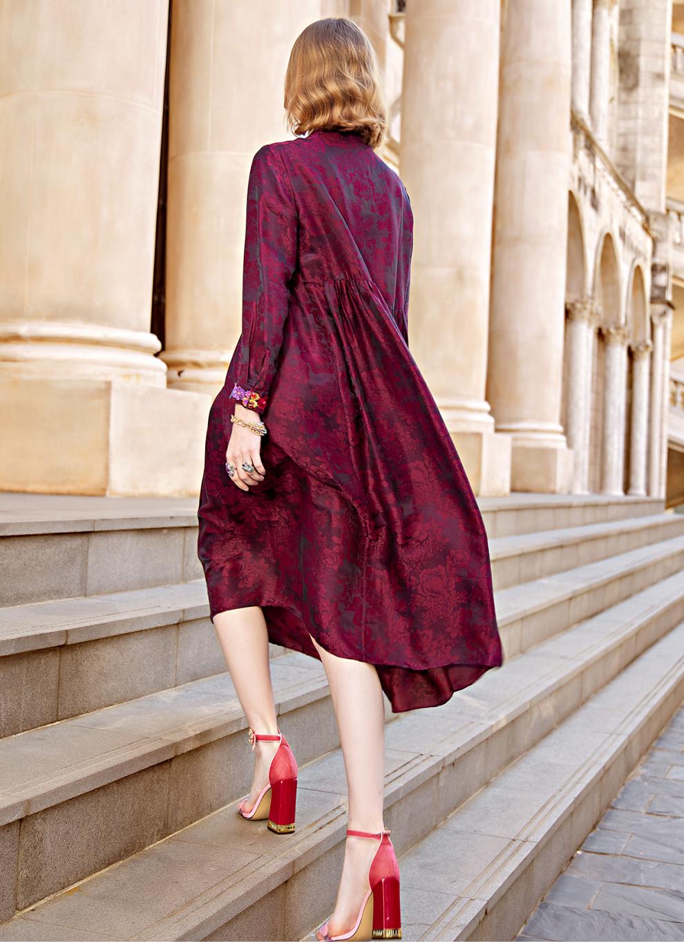 真丝香云纱欧洲站2022春装新款女时尚连衣裙桑蚕丝款式裙子女暗红色xl