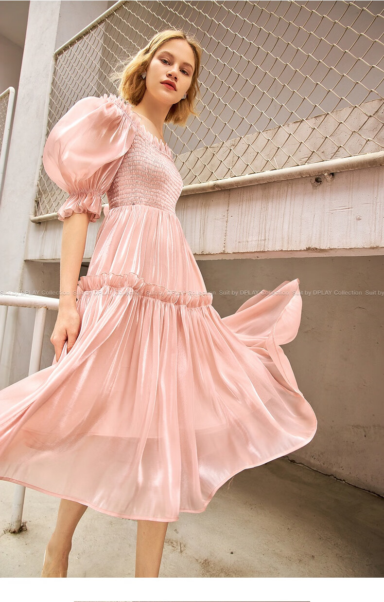 dplay德帕拉2022夏季新款法式复古方领高腰修身甜美粉色鎏光长裙 橘