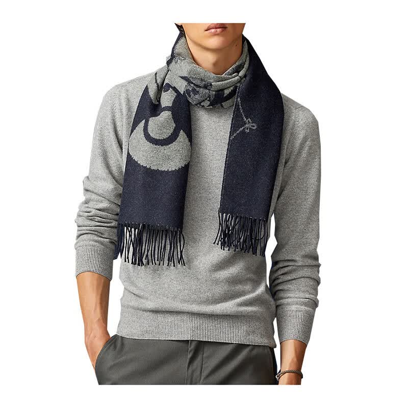 爱马仕hermes男士围巾羊绒提花面料流苏尺寸40x160厘米保暖时尚送男