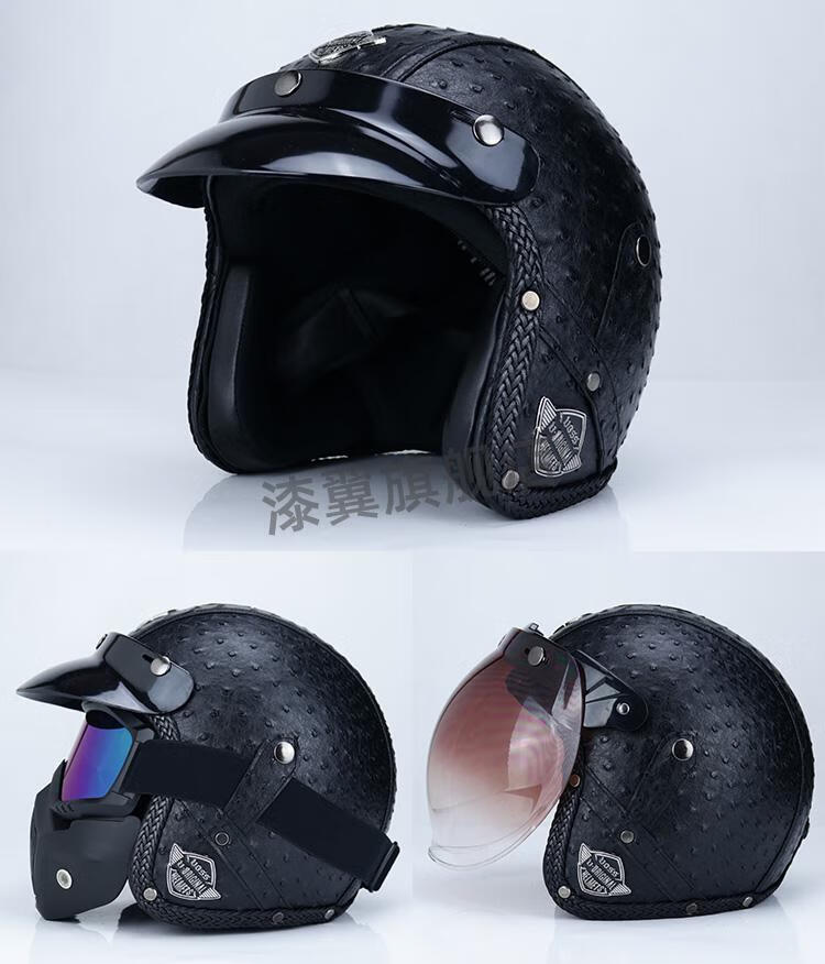 头盔voss哈雷头盔男复古头盔女手工pu皮电动车3/4盔半盔四季 黑花纹配