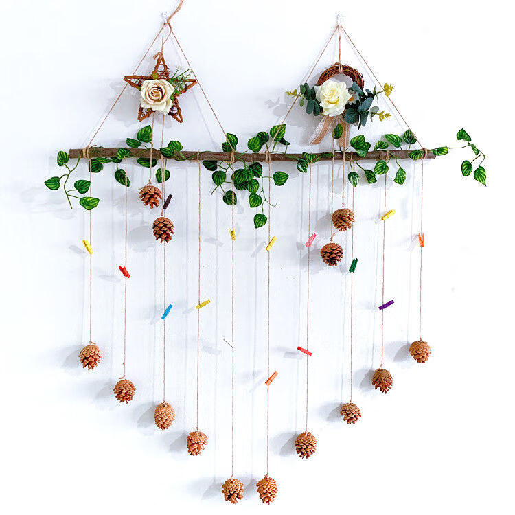 墙上挂照片装饰手工麻绳树枝松果壁饰客厅墙饰房间室内装饰 照片挂件a