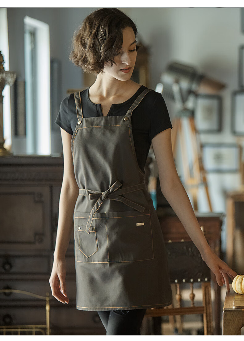 围裙家用厨房防水防油日式新款女时尚定制做饭餐饮欧缔兰深卡其色交叉