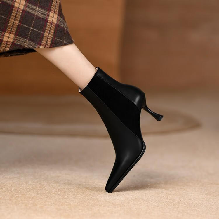 easttata女鞋真皮尖头女靴秋冬细跟显瘦单靴加绒侧拉链切尔西短靴她他