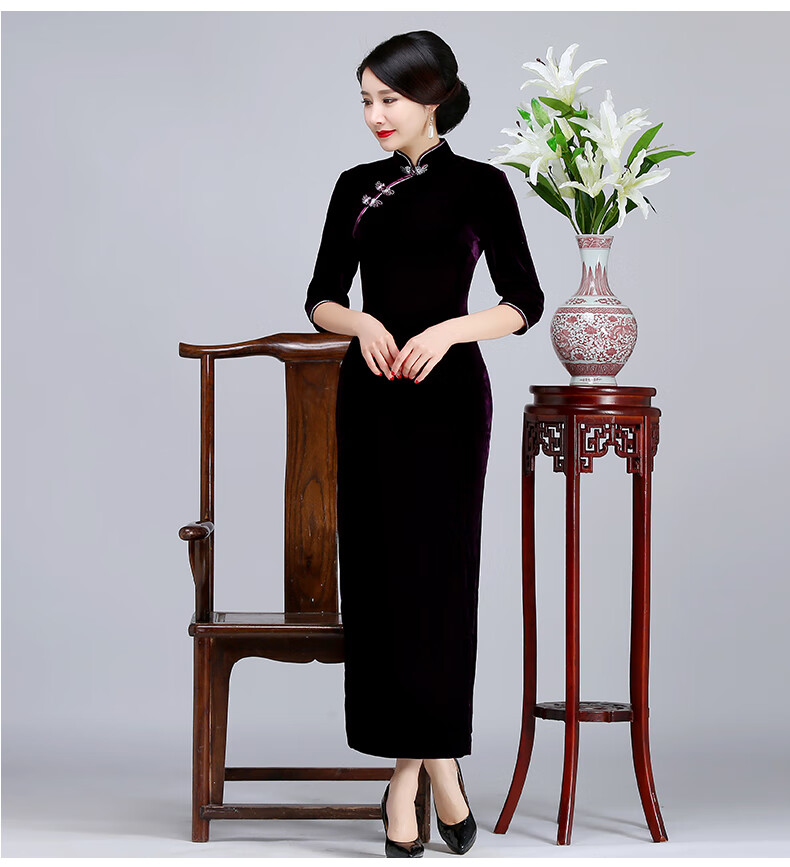 金丝绒旗袍喜妈妈装正宗季传统长款色日常复古走秀单色祺袍女喜婆婆