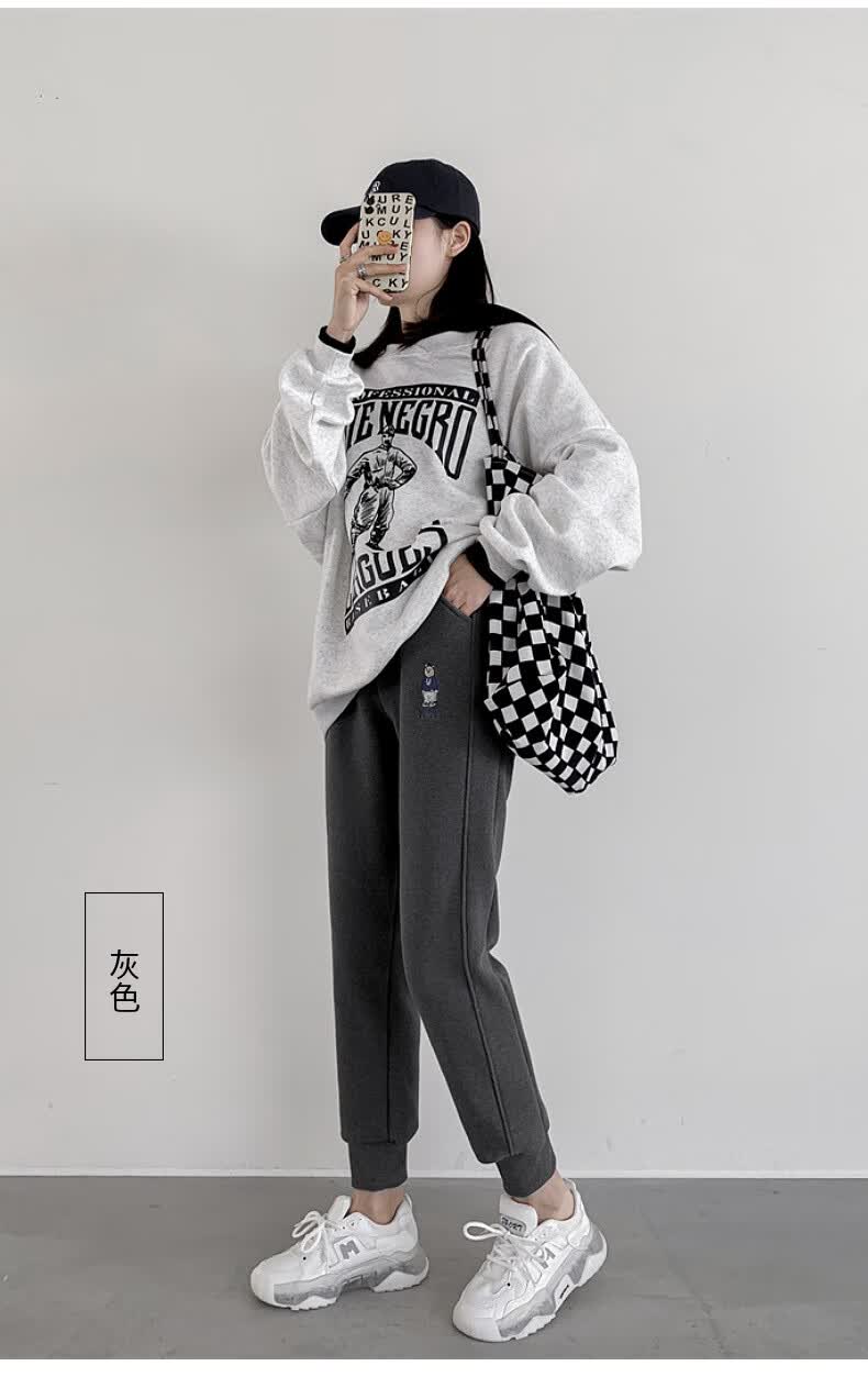 邻家女孩爱漂亮衣服小熊休闲裤女春秋冬季加绒小个子宽松显瘦潮束脚裤
