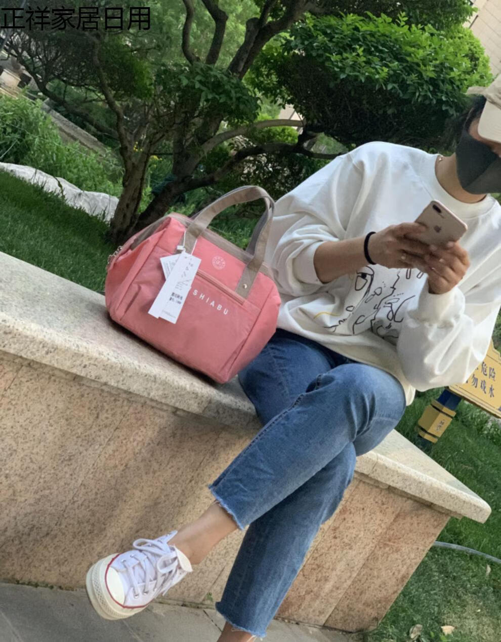 格子手拎帆布包上班带饭袋子超大容量妈咪包手拎包便当包装饭盒袋