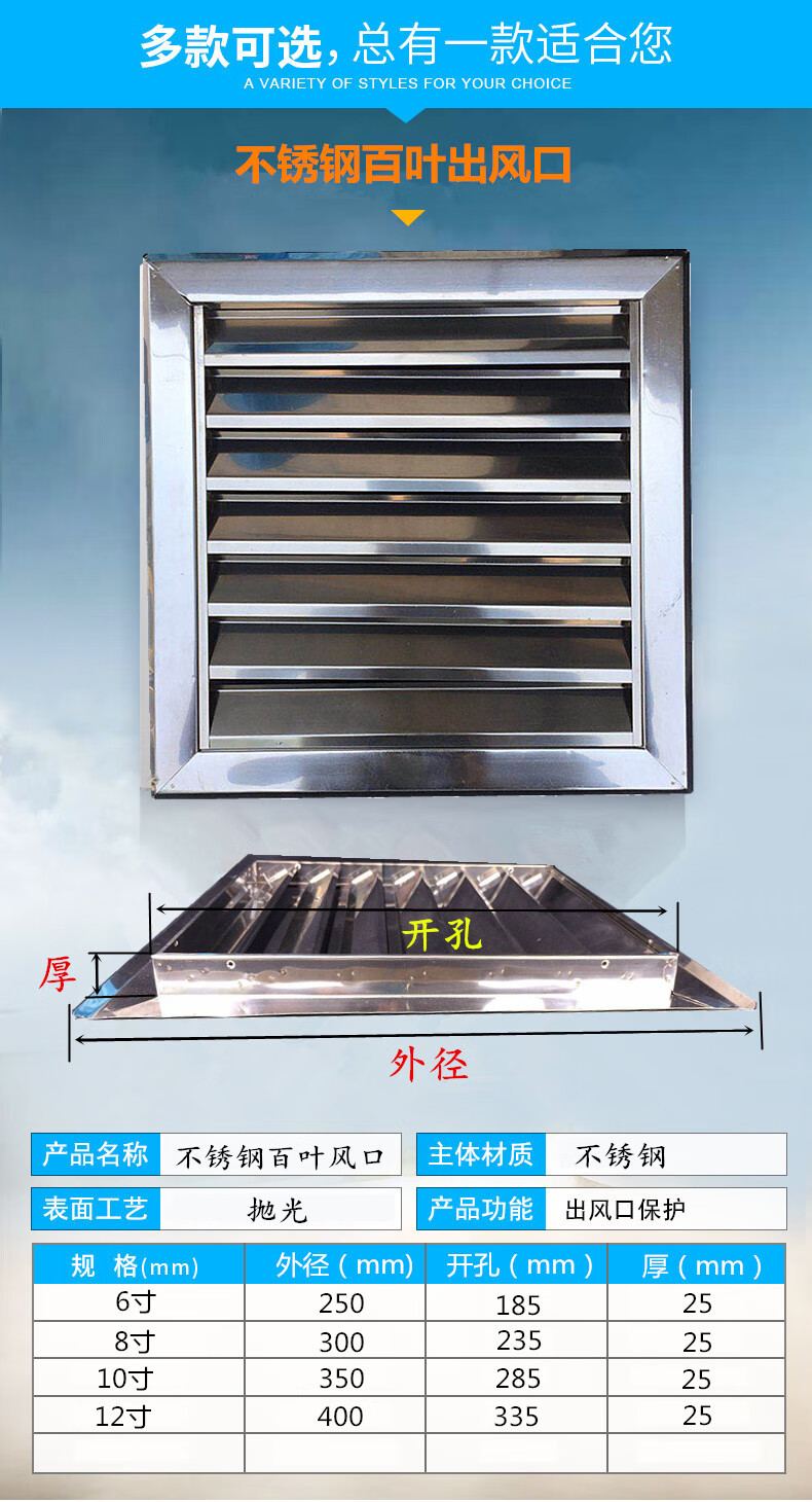 【新款上新】 不锈钢百叶窗外墙雨罩通风口中央排气扇风罩暖气罩出