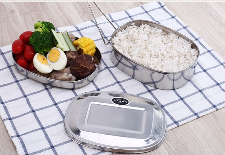 加厚304不锈钢饭盒大容量成人格食堂蒸饭学生便当盒长方形 小号双层