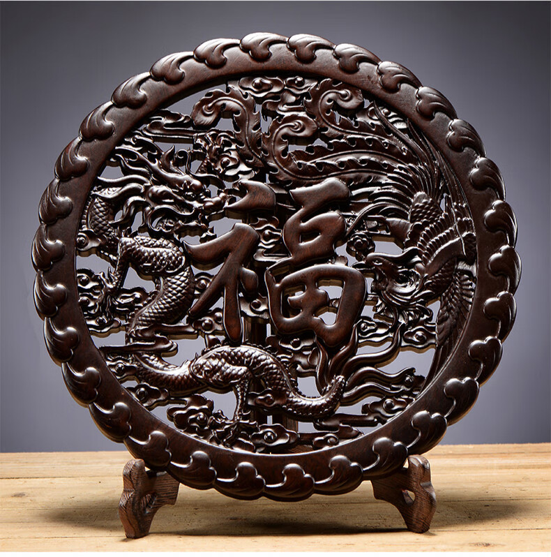 卡洛乐木雕福字摆件中式客厅电视柜实木圆形福字家居装饰工艺品送礼木