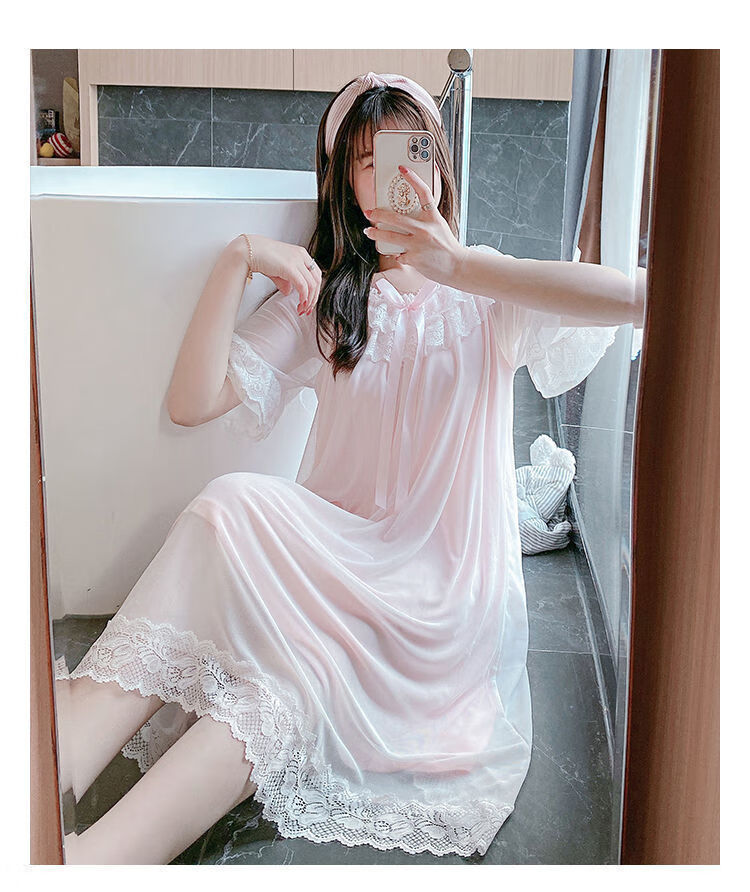 女士春夏蕾丝睡裙睡衣女夏睡裙薄款性感蕾丝长款公主风时尚甜美短袖