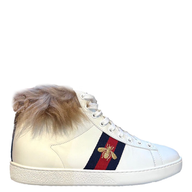 精品gucci古驰黑色白色皮质小蜜蜂高帮毛毛鞋黑色系英码6