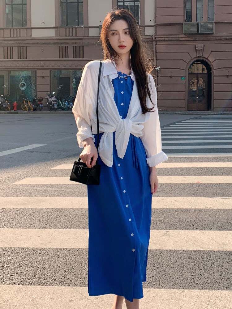 因蓝连衣裙女夏季新款小众收腰设计感感蓝色炸街无袖中长款裙子蓝色l