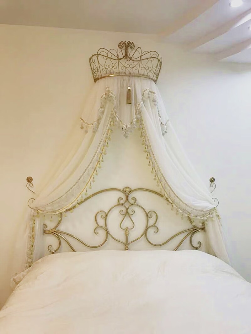 新品北欧白色系公主床幔毛球双层床帘少女心床纱梦幻床头装饰纱帘白色