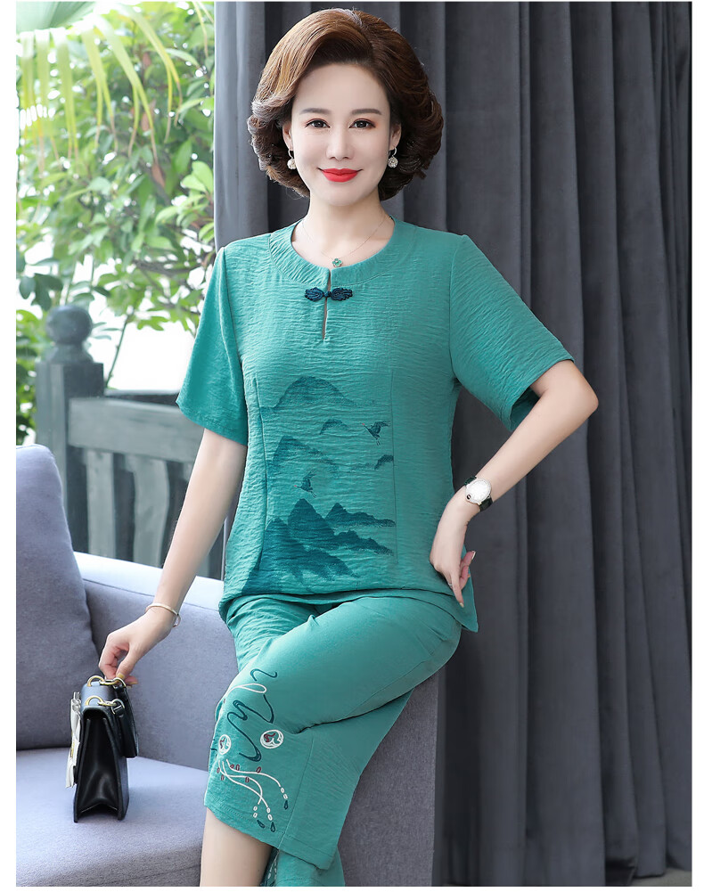 xfxp气质妈妈装套装中老年妈妈棉麻夏装复古女宽松大码奶奶装夏季短袖