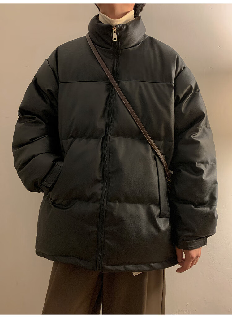 南极人(nanjiren)无帽棉服夹克 黑色服男款冬季pu皮棉服无帽立领棉衣