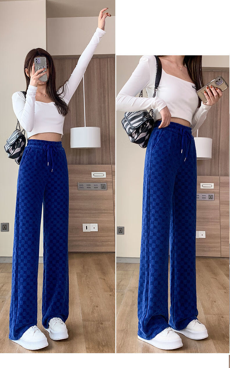 璨玥网红棋盘格阔腿裤女春季新款克莱因蓝格子休闲裤雪尼尔直筒拖地裤