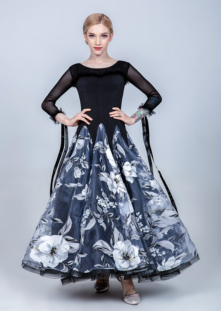 新款华尔兹大摆长裙国标舞练习服摩登舞裙团体演出服交谊舞连衣裙