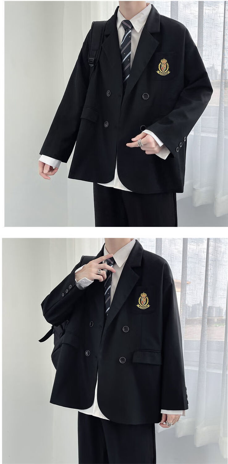 dk制服套装男ins韩版潮流百搭痞帅学生班服休闲西装外套潮l两件套黑色