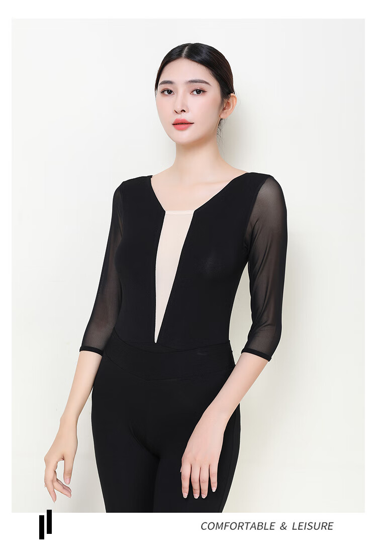 服年新款网红夏季形体训练服装女练功服套装 中袖黑拼肤形体衣加暗扣