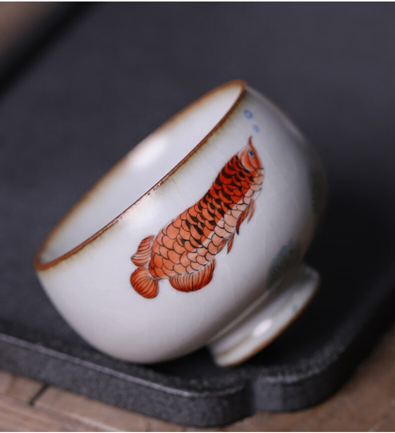 景德镇手绘金龙鱼主人茶杯创意个性单杯纯手工中国风功夫茶小茶杯汝窑