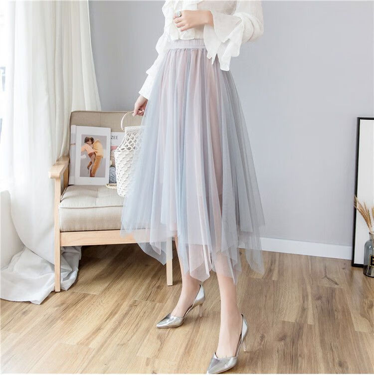 纱纱裙春夏超仙的撞色中长款a字蓬蓬半身裙纱纱裙森系ins网纱裙灰粉色