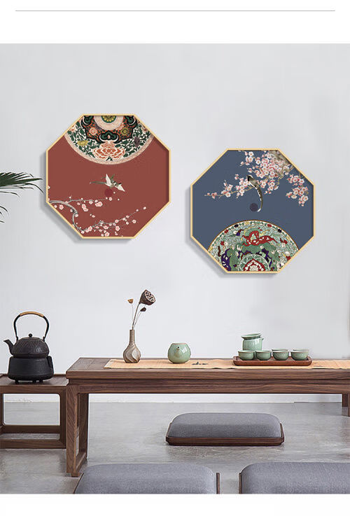 新中式禅意装饰画多边形八角古典花鸟挂画卧室中国风玄关壁画荷花可狄