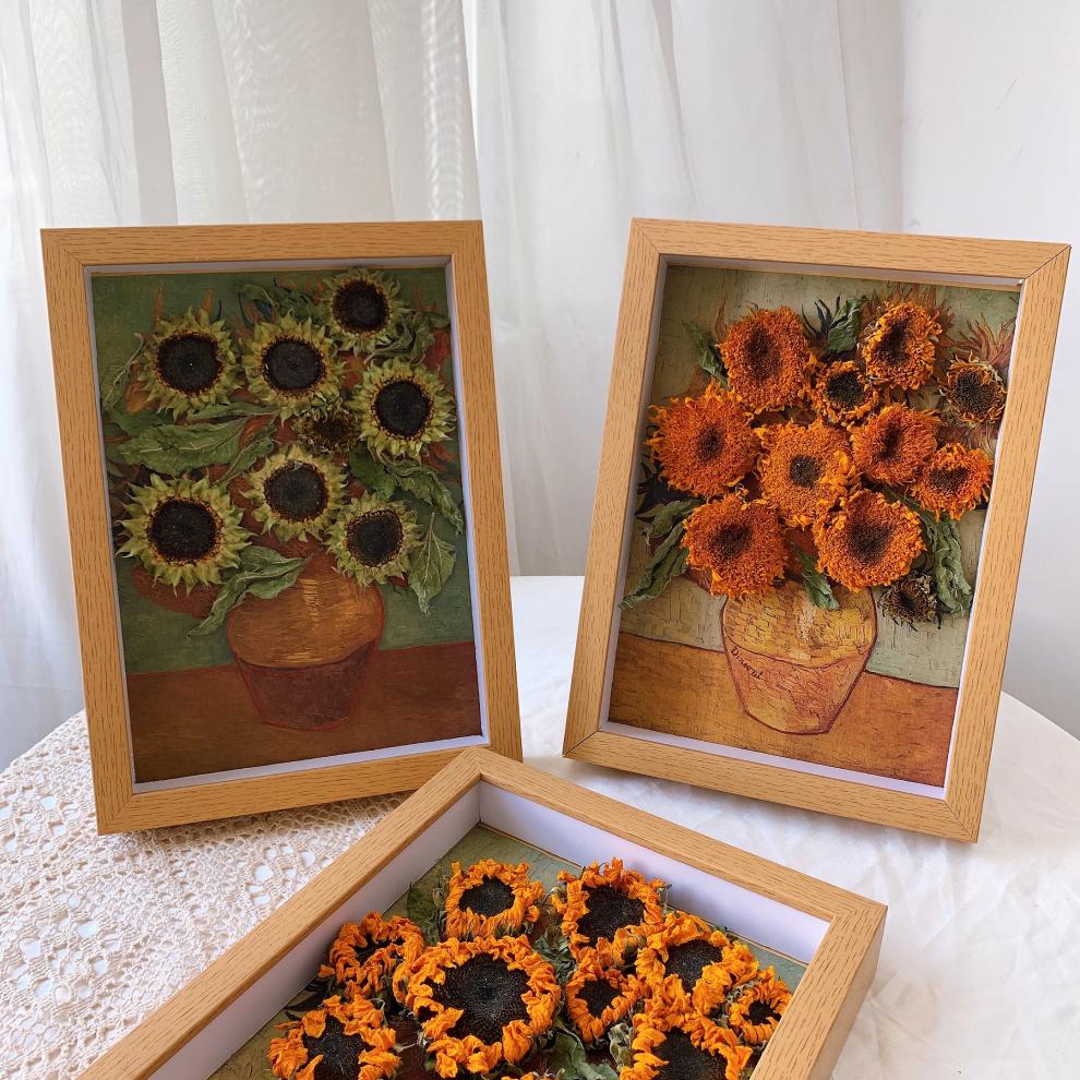 夏豹干花相框梵高向日葵天然真花复古创意挂墙装饰画家居摆件送人礼物