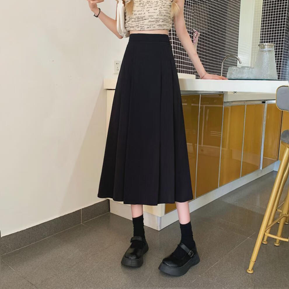高腰半身裙女夏季小个子2022新款感小众a字裙中长款百褶裙子黑色s