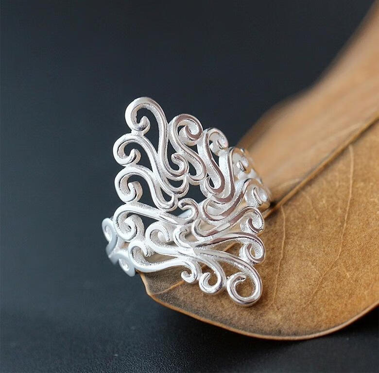 999银新款通花戒指复工花纹女戒时尚银饰10号