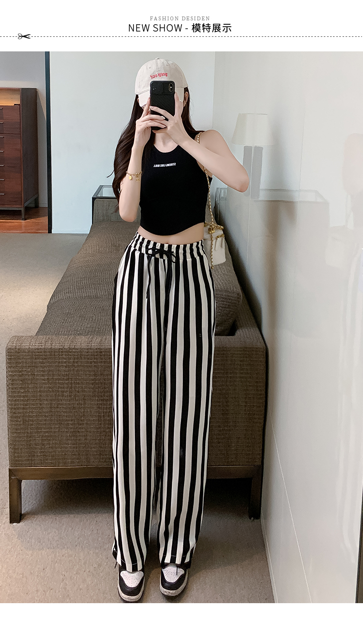 2022夏季新款女装黑白竖条纹条纹宽松抽绳裤子垂感阔腿休闲裤女黑白条