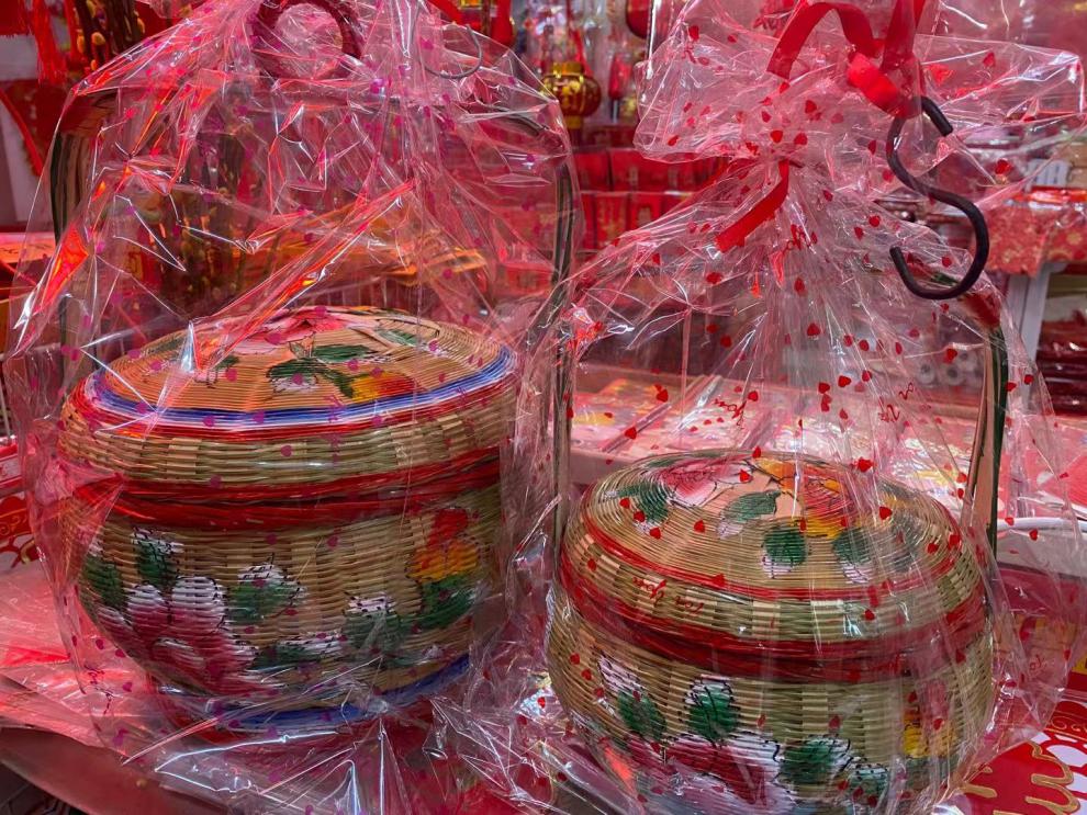 潮汕纯手工彩绘竹篮竹编篮子结收纳蓝储物篮婚嫁花篮传统竹艺摆件