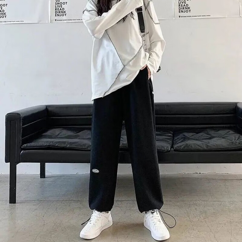 加绒灰色运动裤女宽松束脚直筒高腰垂感休闲阔腿百搭显瘦秋冬卫裤