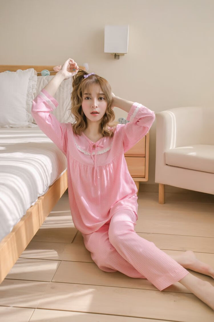 棉绸睡衣女式睡衣夏款春季薄款梭织棉绸睡衣女长袖服韩版元气少女绵绸