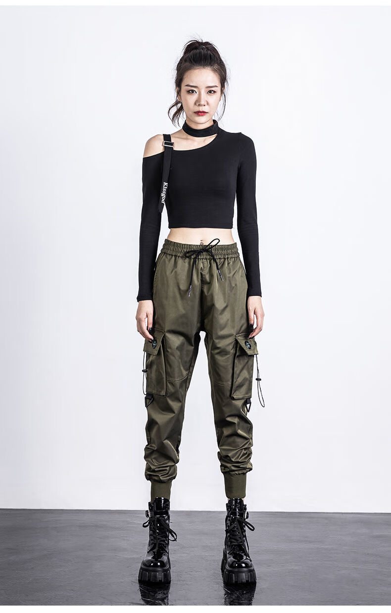 秋冬女工装裤高腰宽松广场舞炫酷休闲裤帅气百搭嘻哈街头裤子黑色xs