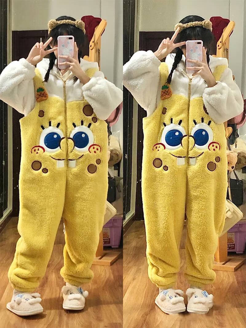 乐卉工厂卡通动漫海绵宝宝连体睡衣女秋珊瑚绒加厚可外穿家居服女女士