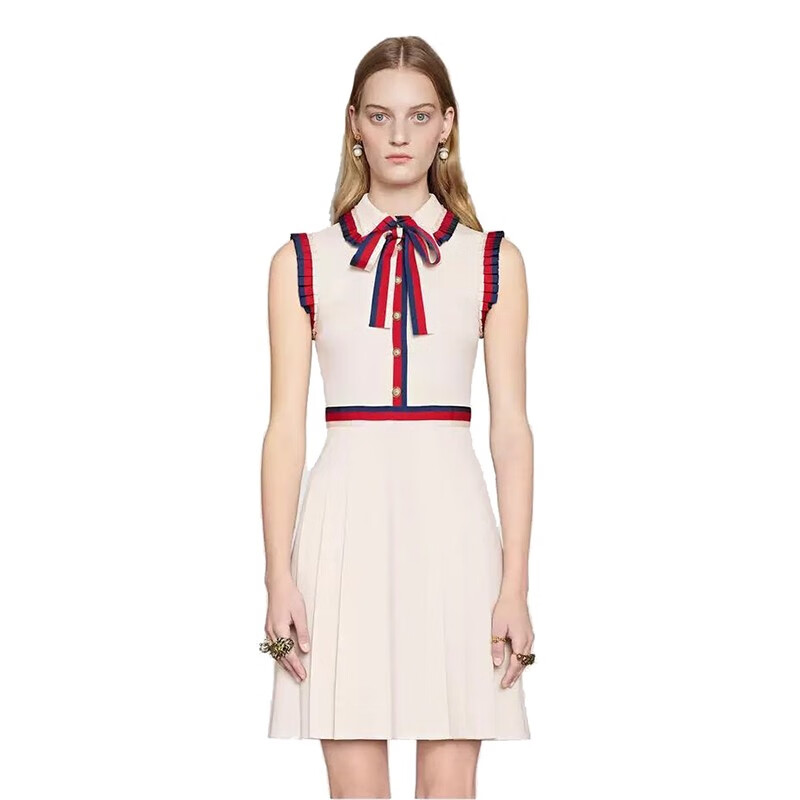 gucci古驰织带蝴蝶结翻领高腰女士连衣裙现货白色系xl码