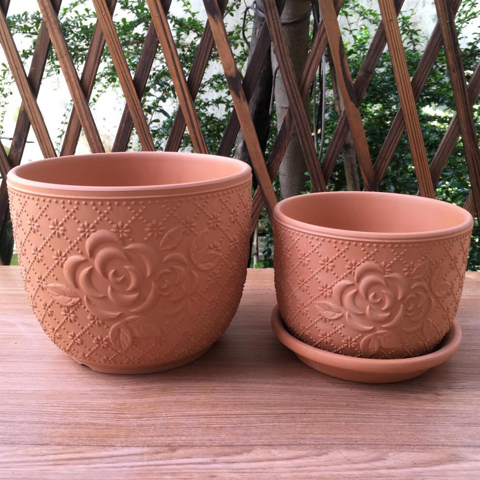 红陶盆红陶多肉小花盆浮雕印花陶土泥瓦盆吸水透气圆形带托盘红陶盆