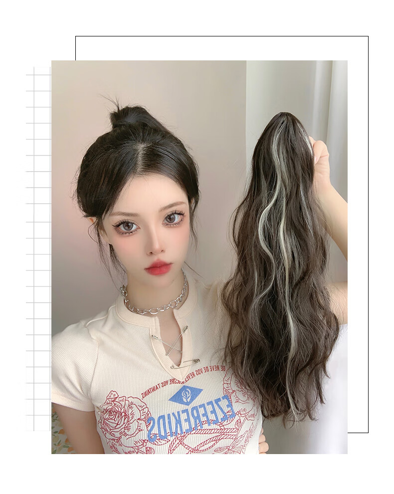 俏丽假发马尾挑染马尾假发女云朵烫高马尾辫子网红鲨鱼夹轻盈假发2022