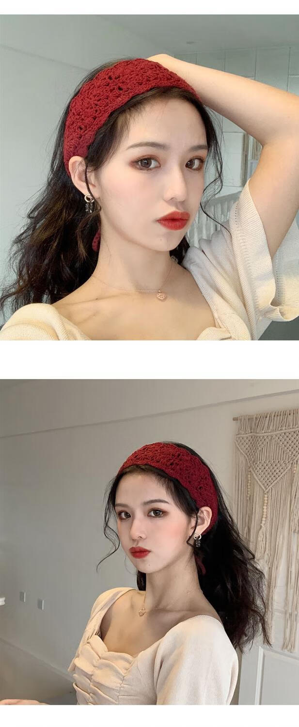 日系复古镂空手工钩花束发带休闲百搭外出宽边蕾丝发带女ins发带 米色