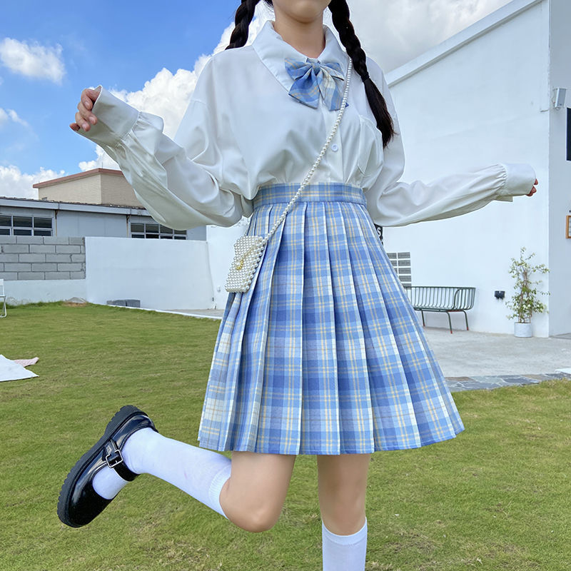 冰淇淋jk格裙蓝色格子制服短裙高腰显瘦日系学院风百褶裙女夏 冰淇淋