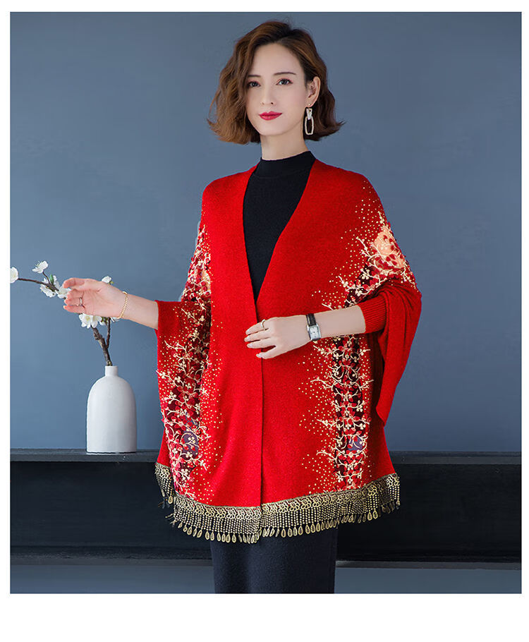 喜婆婆披肩春秋新款妈妈装配旗袍披肩带袖子民族风流苏针织婚礼斗篷