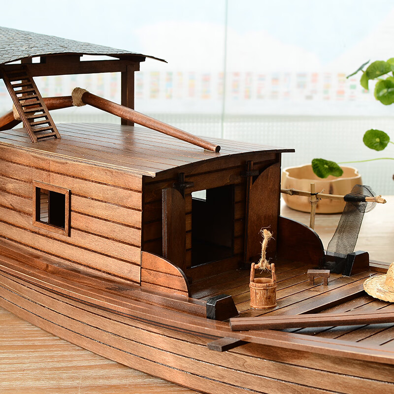 江南水乡帆船模型木船渔船乌篷船模中式工艺船摆件实木
