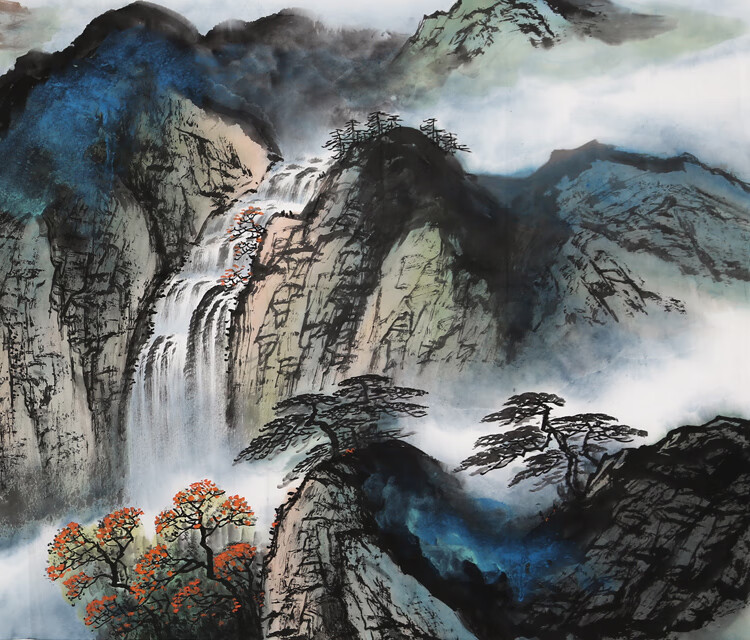 名家刘海粟山水字画四尺横幅写意国画精品手绘名人书画作品带简历纯