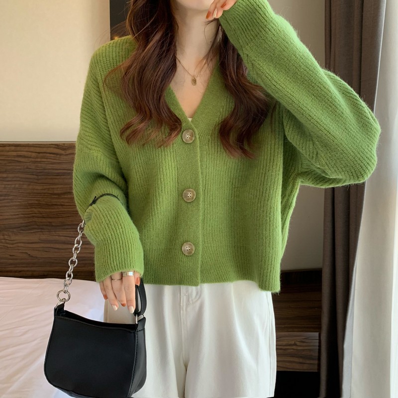 外套女休闲时尚绿色v领针织开衫女装薄款毛衣小香风外套早春上衣设计